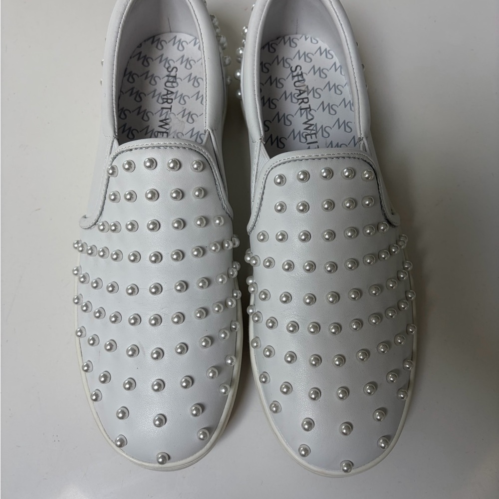 Stuart Weitzman White Pearl-Studded Flats